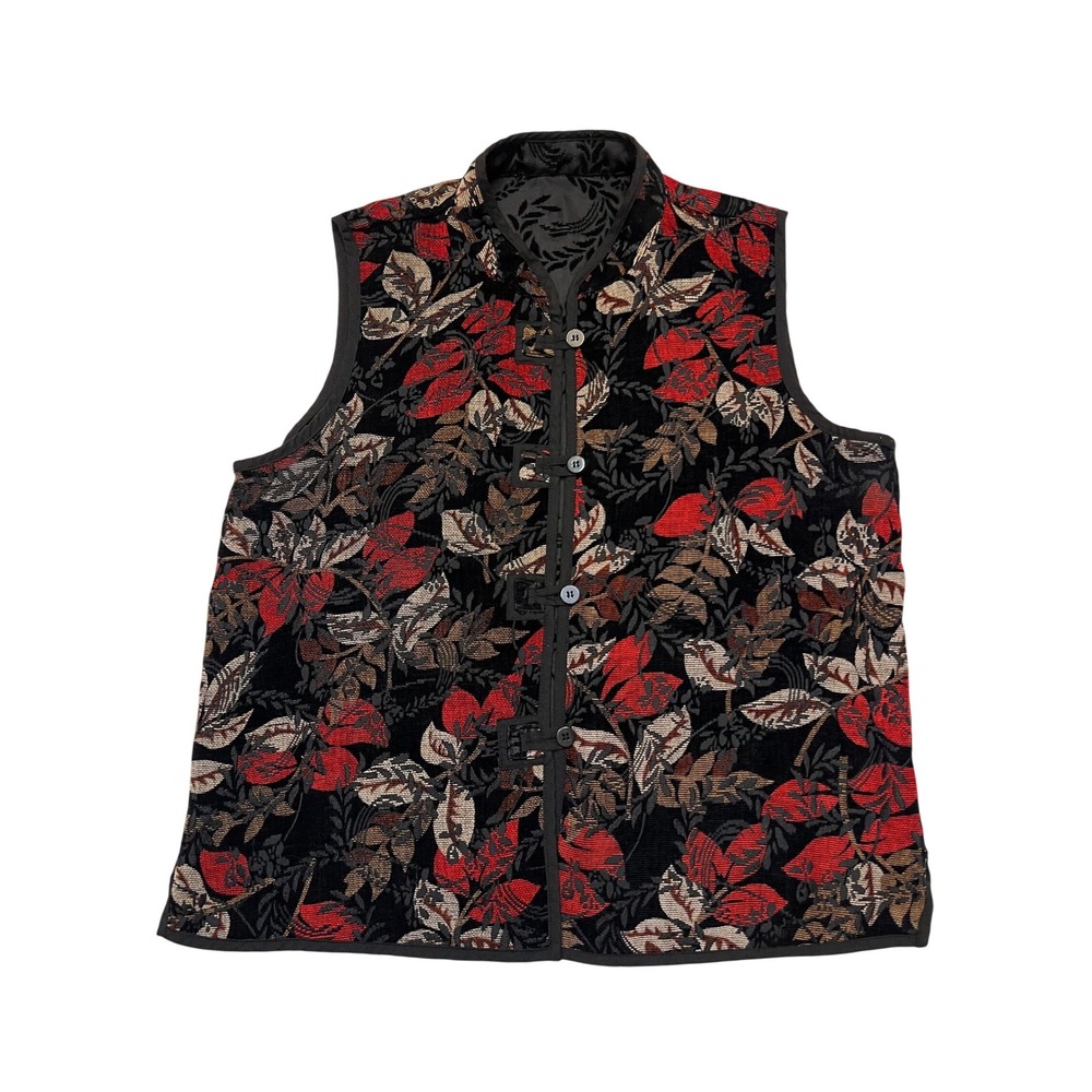 Vintage Red Black Button Front Artsy Boho Tapestry Vest Size XL
